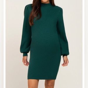 PinkBlush Hunter Green Mock Neck Puff Sleeve Maternity Dress